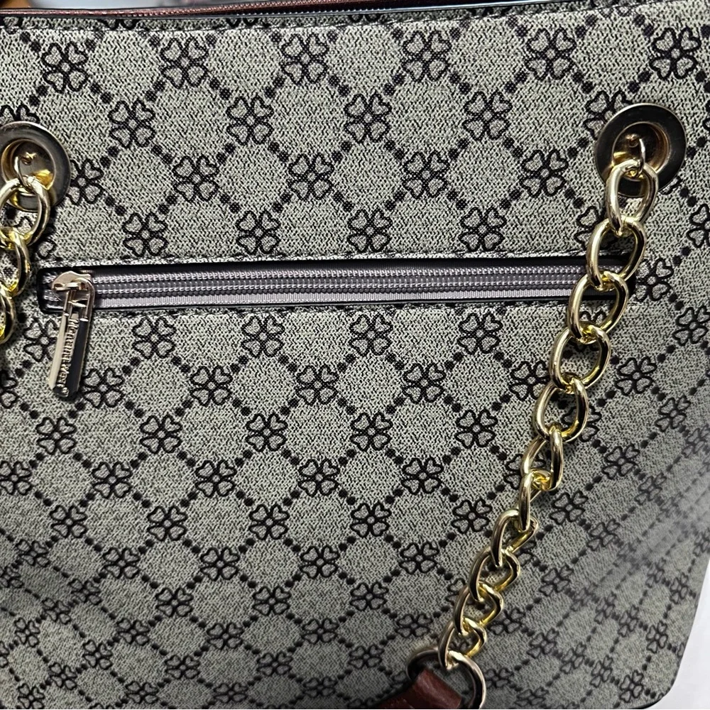 Montana West Monogram Tote Bag | Brown & Cream | Gold Chain Strap - Picture 4 of 6